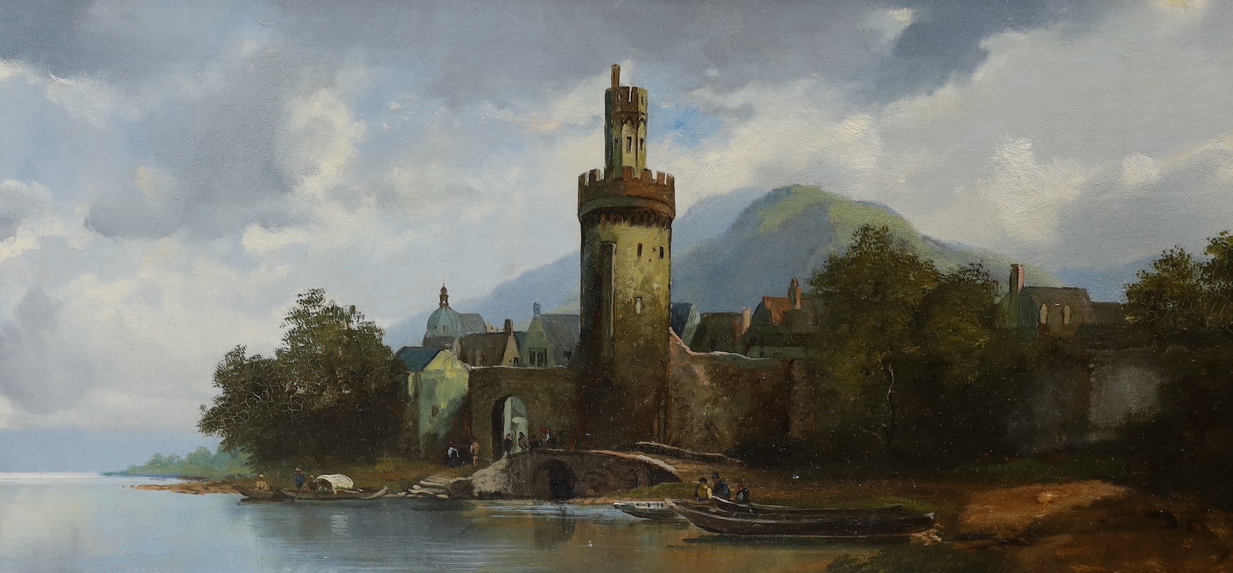 English School c.1900, pair of oils on canvas, German river landscapes, signature erased, 30 x 60cm